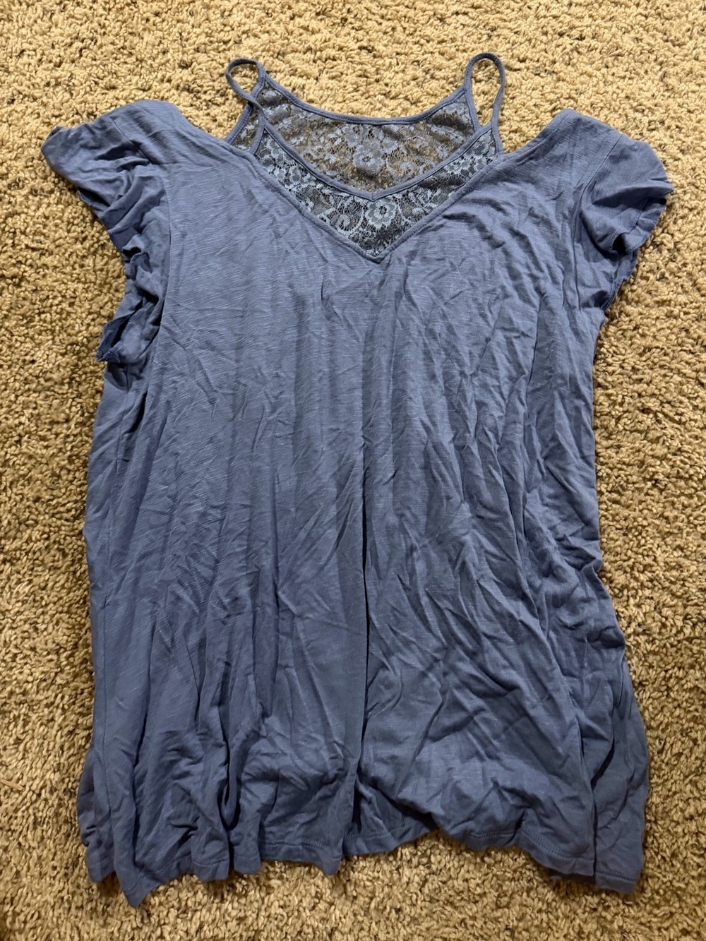 Lace Yoke Spaghetti Strap Open Shoulder Top - Dusty Blue